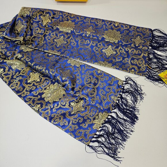 Exquisite Yung Silk Brocade Cobalt Blue And Gold Scarf With Silk Fringe - Picture 4 of 8